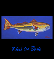 Red on Blue - 16x36 Acrylic on Stretched Canvas with Blue Gallery Wrap Border - Painting by Greg Schwab